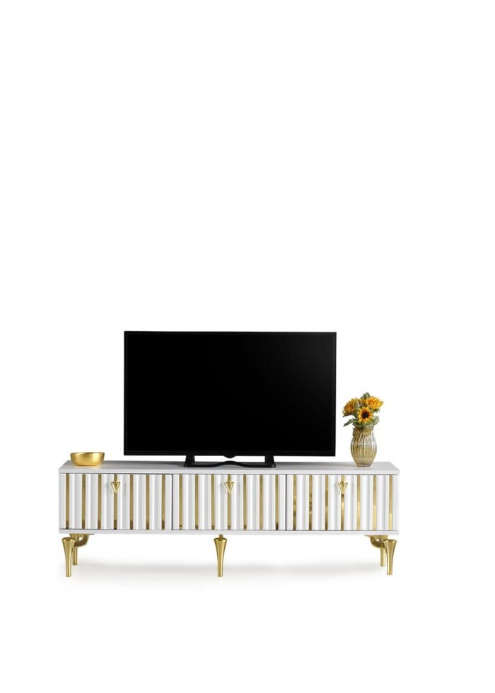 180 CM DUBAİ METAL AYAK-MDF MEBRAN KAPAK TV SEHPASI BEYAZ - GOLD - Görsel 6