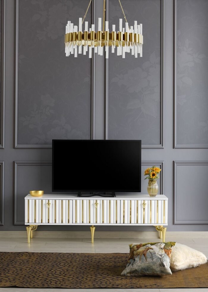 180 CM DUBAİ METAL AYAK-MDF MEBRAN KAPAK TV SEHPASI BEYAZ - GOLD - Görsel 2