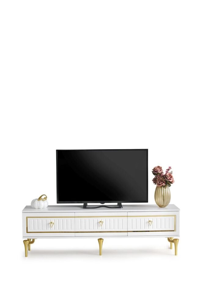 180 CM KLAS METAL AYAK-MDF MEBRAN KAPAK TV SEHPASI BEYAZ - GOLD - Görsel 5