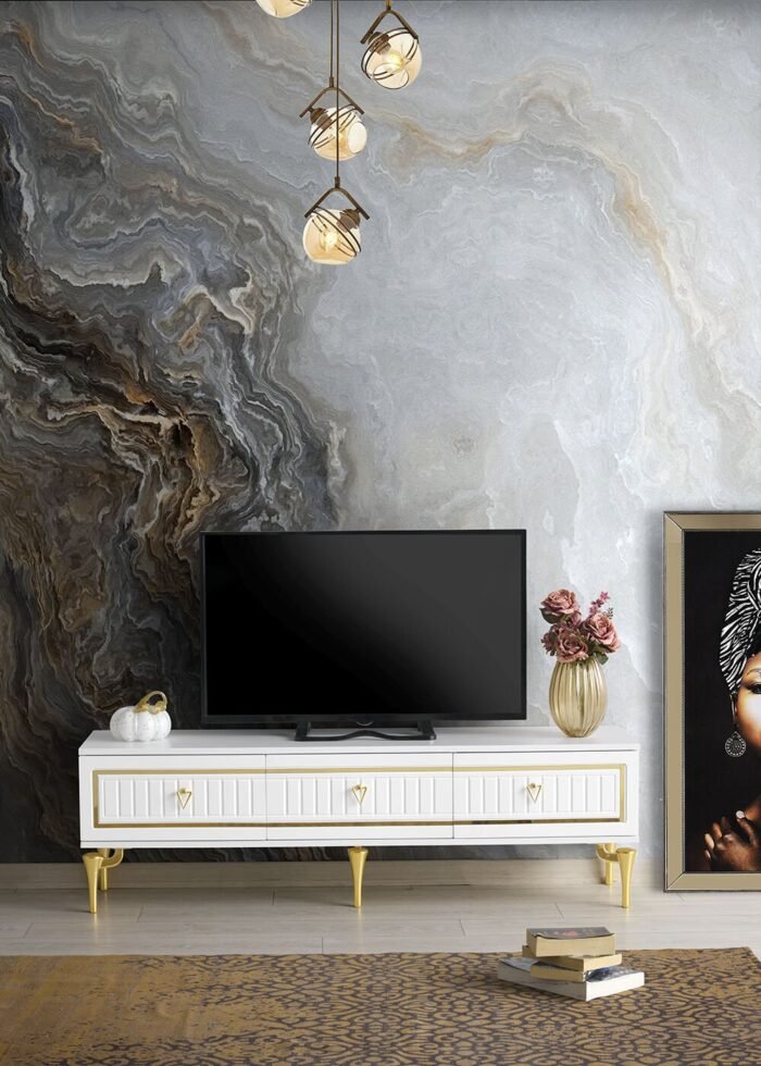 180 CM KLAS METAL AYAK-MDF MEBRAN KAPAK TV SEHPASI BEYAZ - GOLD - Görsel 2
