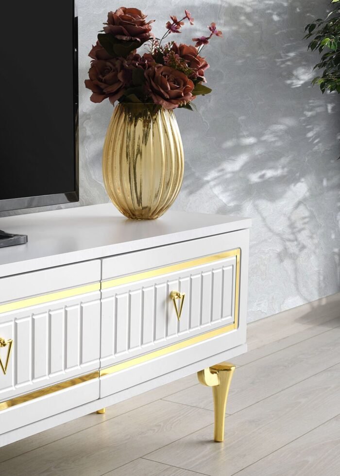 180 CM KLAS METAL AYAK-MDF MEBRAN KAPAK TV SEHPASI BEYAZ - GOLD - Görsel 3