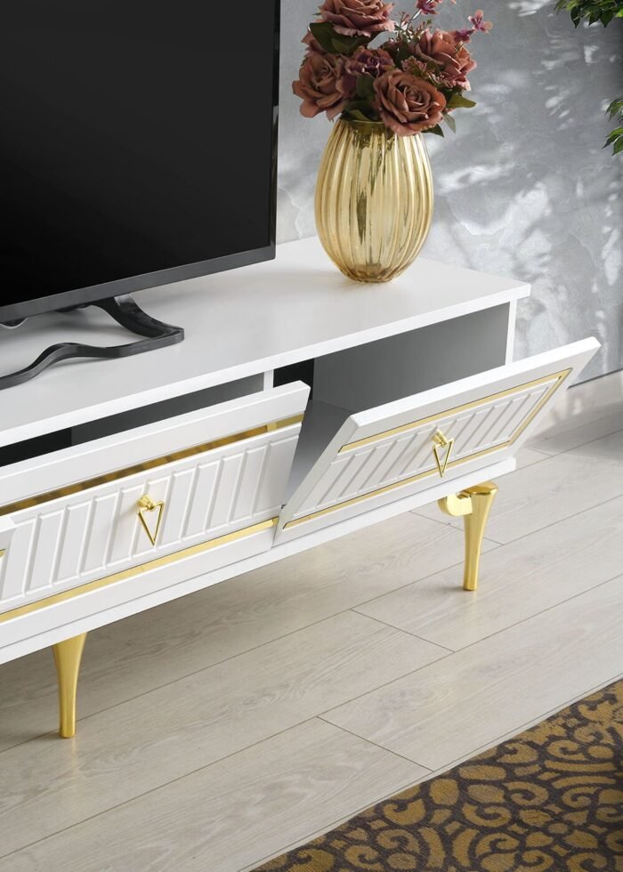 180 CM KLAS METAL AYAK-MDF MEBRAN KAPAK TV SEHPASI BEYAZ - GOLD - Görsel 4