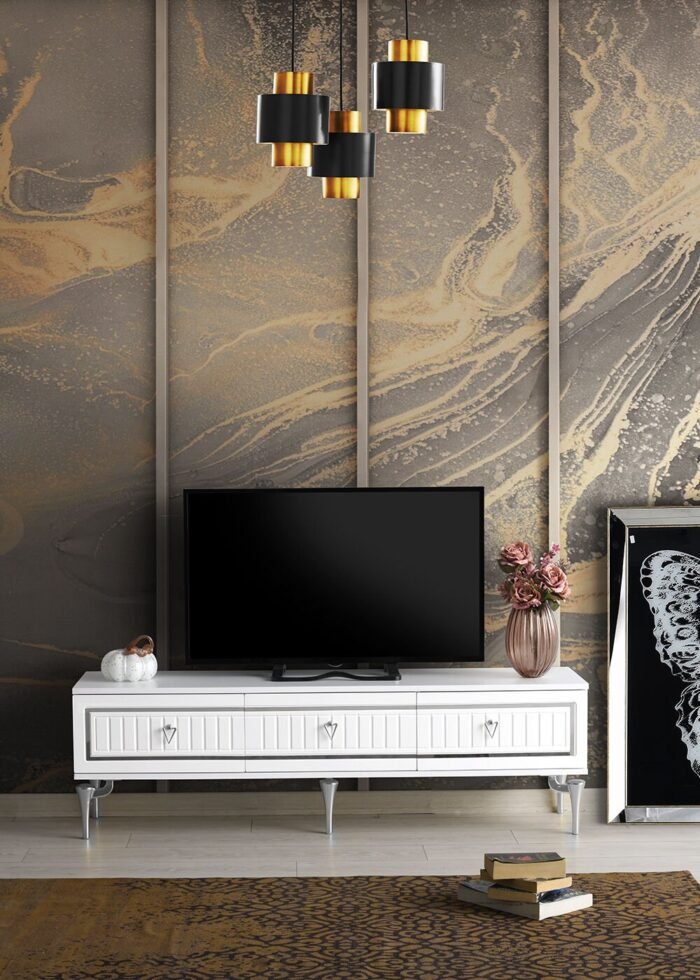 180 CM KLAS METAL AYAK-MDF MEBRAN KAPAK TV SEHPASI BEYAZ - GÜMÜŞ - Görsel 2