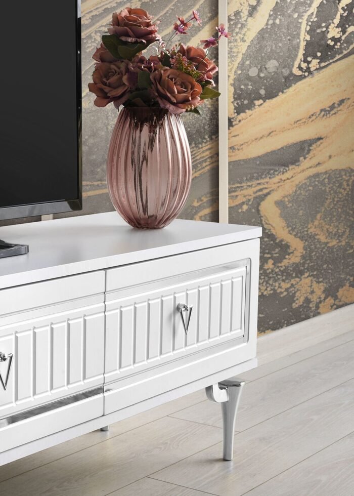 180 CM KLAS METAL AYAK-MDF MEBRAN KAPAK TV SEHPASI BEYAZ - GÜMÜŞ - Görsel 3