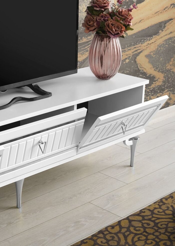 150 CM KLAS METAL AYAK MDF MEBRAN KAPAK TV SEHPASI BEYAZ GÜMÜŞ - Görsel 4