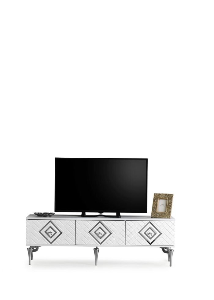 150 CM İLİZYON METAL AYAK-MDF MEBRAN KAPAK TV SEHPASI BEYAZ GÜMÜŞ - Görsel 6