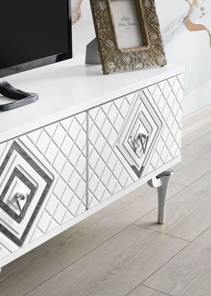 150 CM İLİZYON METAL AYAK-MDF MEBRAN KAPAK TV SEHPASI BEYAZ GÜMÜŞ - Görsel 3