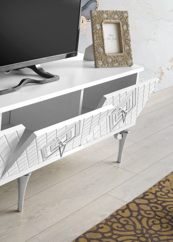 150 CM İLİZYON METAL AYAK-MDF MEBRAN KAPAK TV SEHPASI BEYAZ GÜMÜŞ - Görsel 4