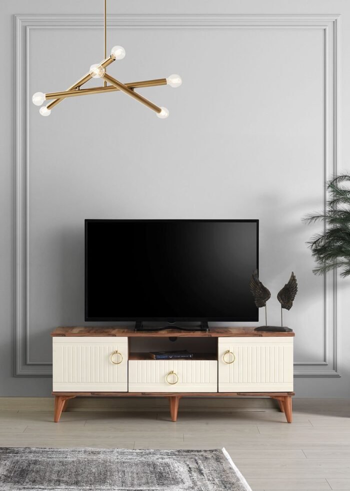 130 CM MDF MEBRAN KAPAK TV SEHPASI PASİFİK CEVİZ - KREM - Görsel 2