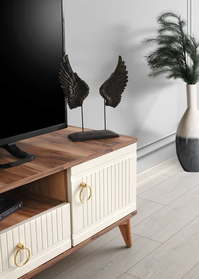110 CM MDF MEBRAN KAPAK TV SEHPASI PASİFİK CEVİZ - KREM - Görsel 3