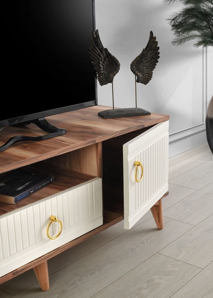 110 CM MDF MEBRAN KAPAK TV SEHPASI PASİFİK CEVİZ - KREM - Görsel 4