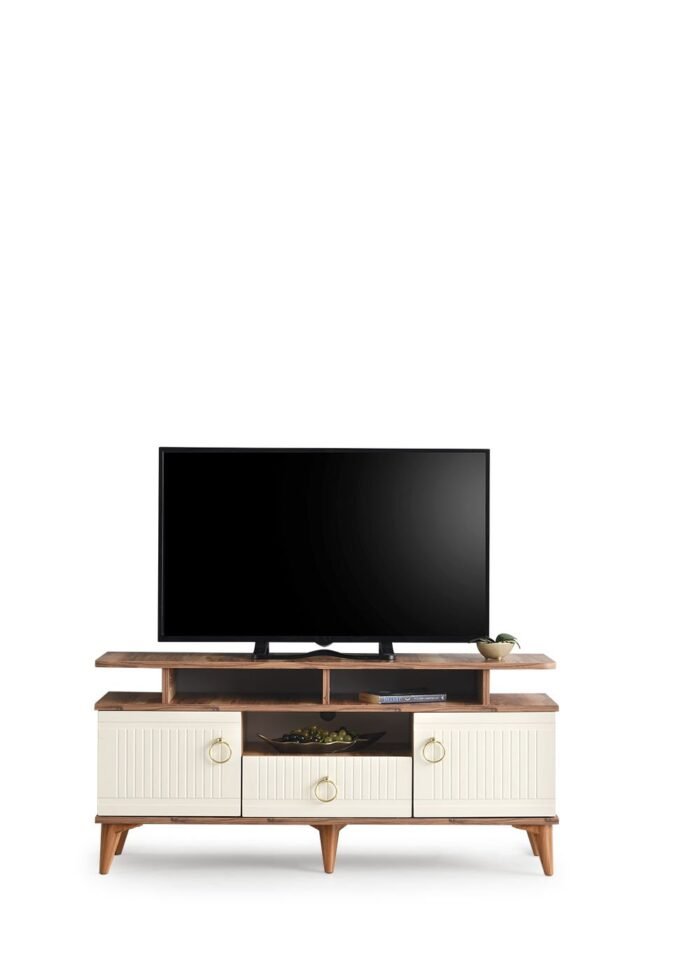 130 CM MDF MEBRAN KAPAK RAFLI TV SEHPASI PASİFİK CEVİZ - KREM - Görsel 5