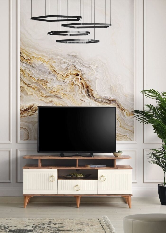110 CM MDF MEBRAN KAPAK RAFLI TV SEHPASI PASİFİK CEVİZ - KREM - Görsel 2
