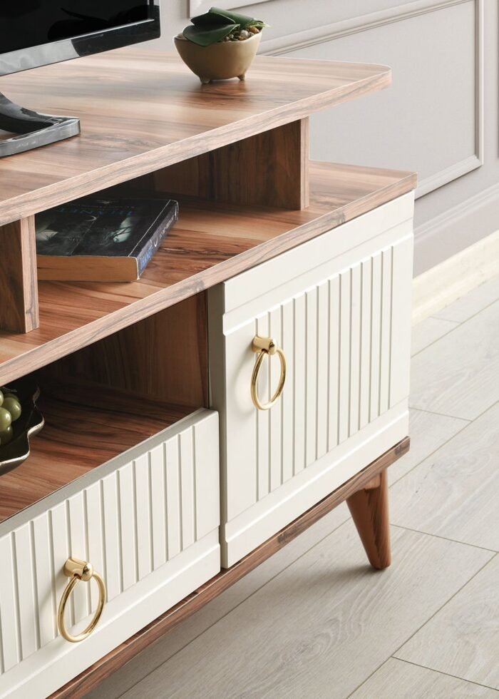 110 CM MDF MEBRAN KAPAK RAFLI TV SEHPASI PASİFİK CEVİZ - KREM - Görsel 3