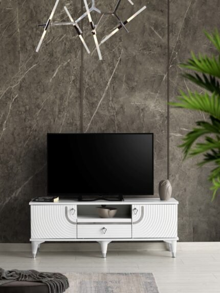 110 CM ART MDF MEBRAN KAPAK TV SEHPASI BEYAZ - GÜMÜŞ
