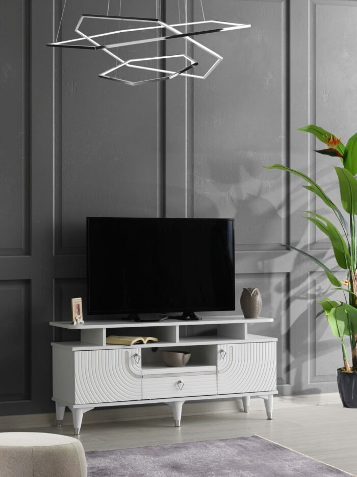 130 CM ART RAFLI MDF MEBRAN KAPAK TV SEHPASI BEYAZ GÜMÜŞ - Görsel 2