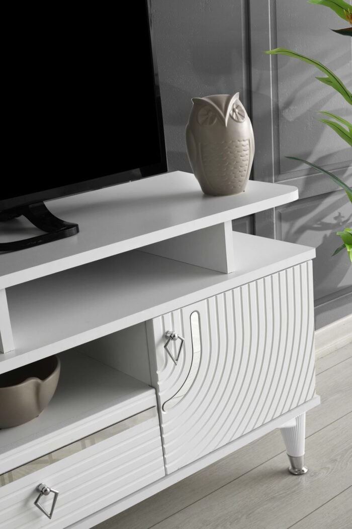 130 CM ART RAFLI MDF MEBRAN KAPAK TV SEHPASI BEYAZ GÜMÜŞ - Görsel 3