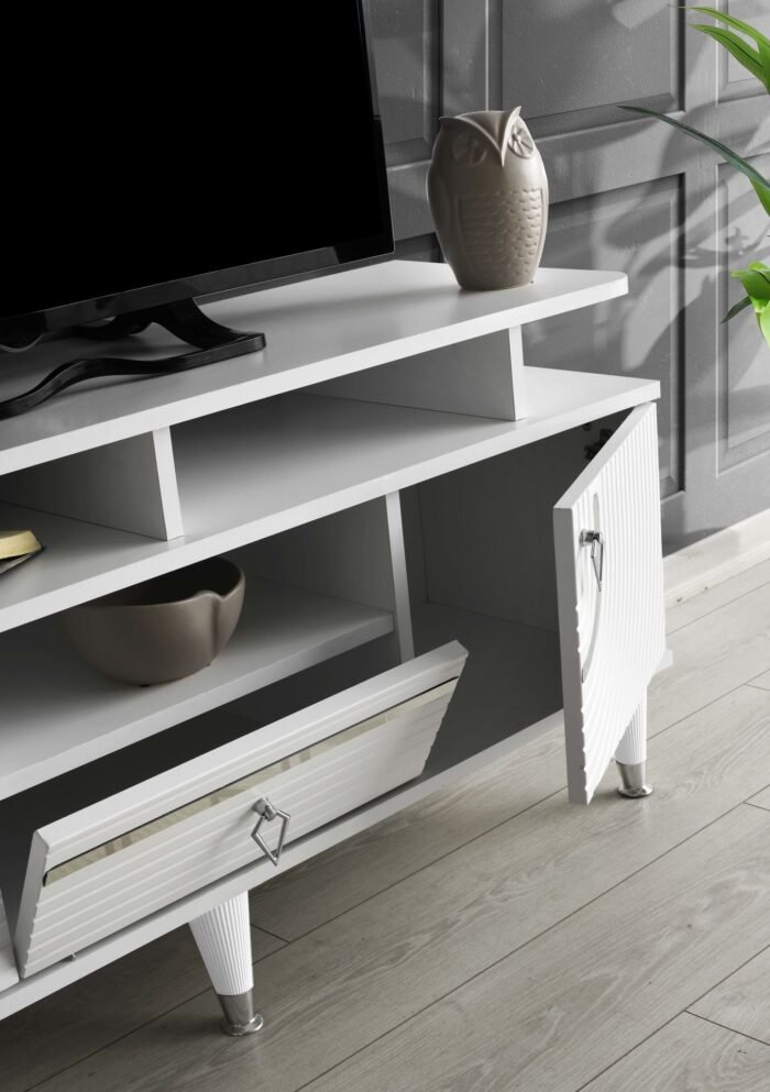 130 CM ART RAFLI MDF MEBRAN KAPAK TV SEHPASI BEYAZ GÜMÜŞ - Görsel 4