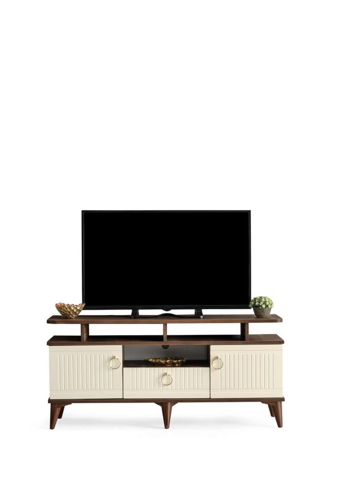 110 CM MDF MEBRAN KAPAK RAFLI TV SEHPASI PASİFİK CEVİZ - KREM - Görsel 6