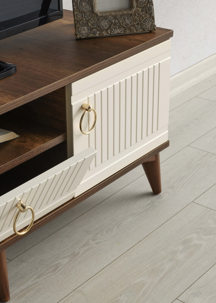 110 CM MDF MEBRAN KAPAK TV SEHPASI BAROK CEVİZ - KREM - Görsel 4