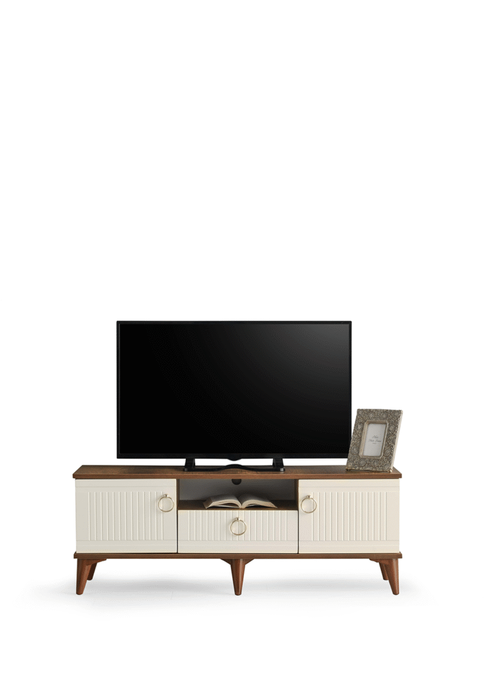 110 CM MDF MEBRAN KAPAK TV SEHPASI BAROK CEVİZ - KREM - Görsel 6