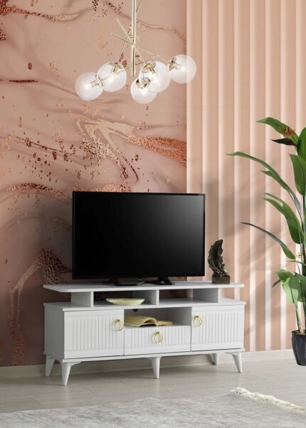 110 CM MDF MEBRAN KAPAK RAFLI TV SEHPASI BEYAZ