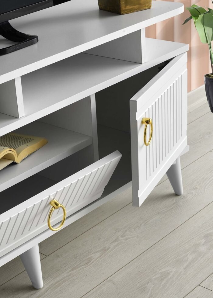 130 CM MDF MEBRAN KAPAK RAFLI TV SEHPASI BEYAZ - Görsel 4