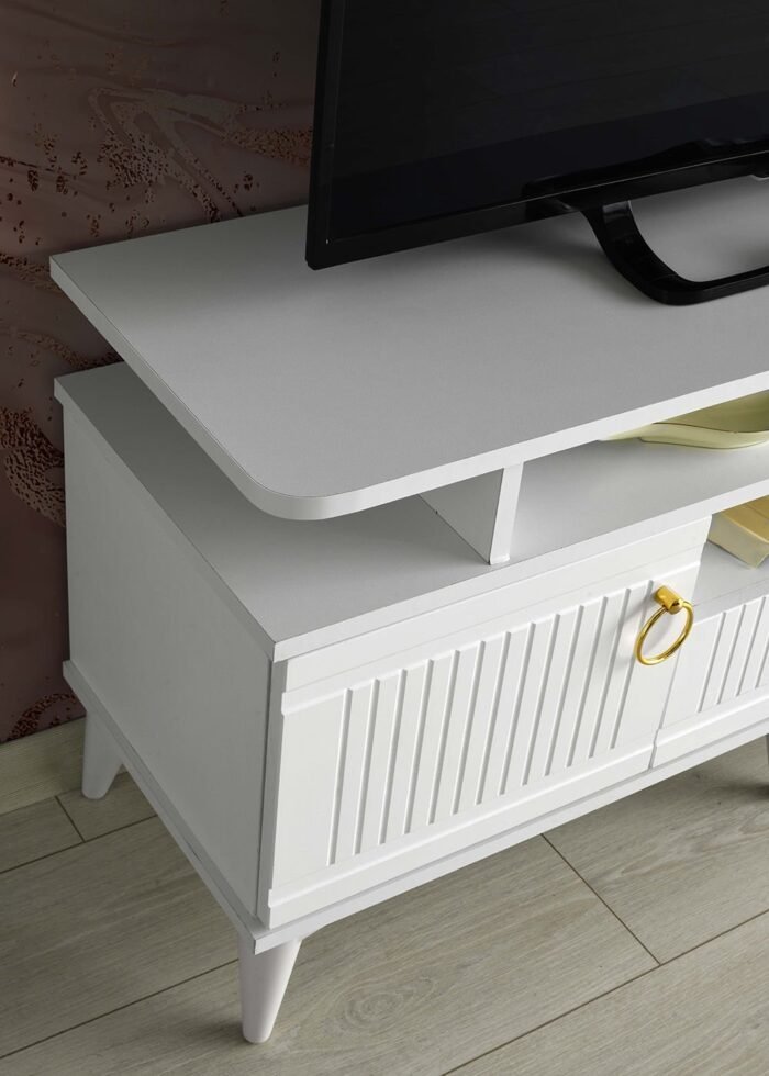 130 CM MDF MEBRAN KAPAK RAFLI TV SEHPASI BEYAZ - Görsel 5
