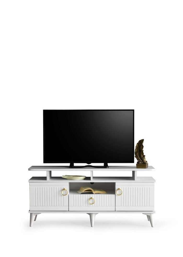 130 CM MDF MEBRAN KAPAK RAFLI TV SEHPASI BEYAZ - Görsel 6