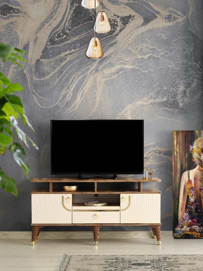 130 CM ART RAFLI MDF MEBRAN KAPAK TV SEHPASI PASİFİK CEVİZ - GOLD KREM - Görsel 2