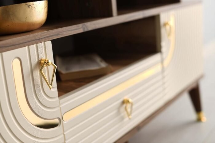 130 CM ART RAFLI MDF MEBRAN KAPAK TV SEHPASI PASİFİK CEVİZ - GOLD KREM - Görsel 3