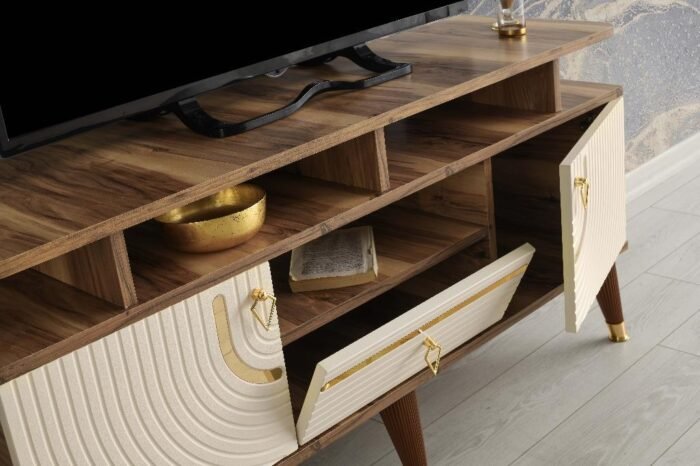 130 CM ART RAFLI MDF MEBRAN KAPAK TV SEHPASI PASİFİK CEVİZ - GOLD KREM - Görsel 4