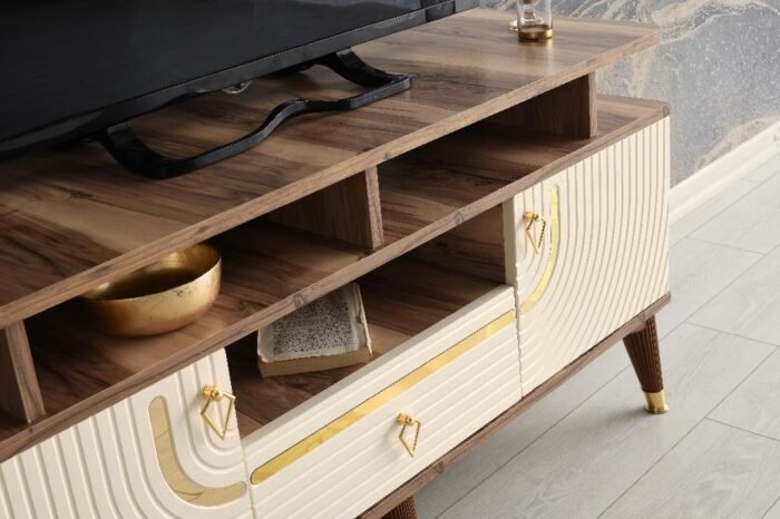 130 CM ART RAFLI MDF MEBRAN KAPAK TV SEHPASI PASİFİK CEVİZ - GOLD KREM - Görsel 5