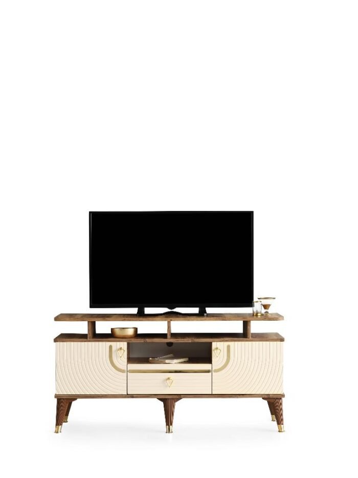 130 CM ART RAFLI MDF MEBRAN KAPAK TV SEHPASI PASİFİK CEVİZ - GOLD KREM - Görsel 6