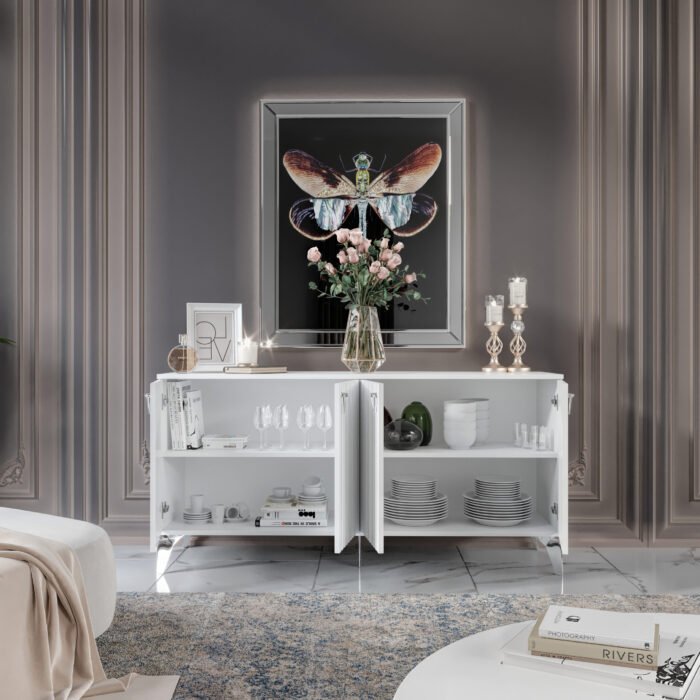 Dubai Modern Konsol - 160 cm MDF Membran Kapaklı, Metal Kulplu, 2 Raflı ve 4 Bölmeli Beyaz Gümüş - Görsel 4