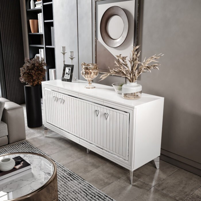 Klas Modern Konsol - 160 cm MDF Membran Kapaklı, Metal Kulplu, 2 Raflı ve 4 Bölmeli Beyaz Gümüş - Görsel 2