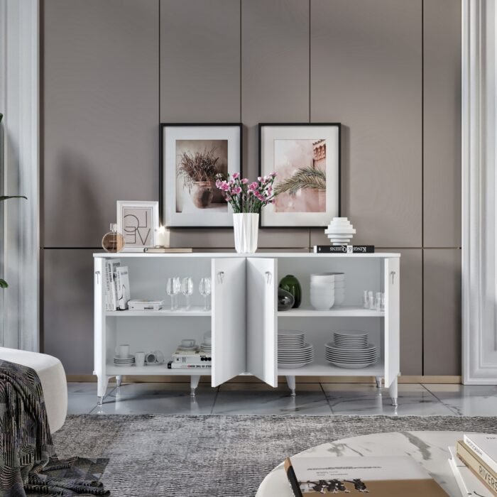 Simple Konsol Beyaz Gümüş - Modern 4 Kapaklı Şık Depolama Konsolu - Görsel 4