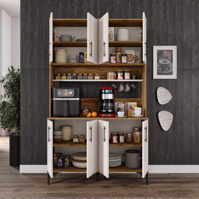 Kahve Köşesi Dolabı 8 Kapaklı Çok Amaçlı Saklama & Erzak Dolabı – Metal Ayaklı ve Metal Kulplu | Plain Pla8120 Ekru Ceviz - Görsel 3