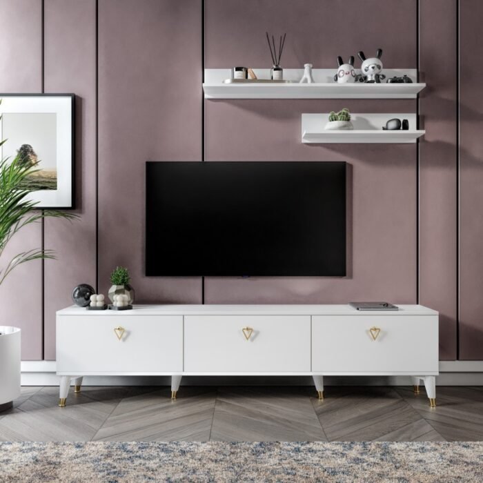 Simple Modern 180 Cm SMP18033 Tv ünitesi 2 Raflı Beyaz Gold - Görsel 2
