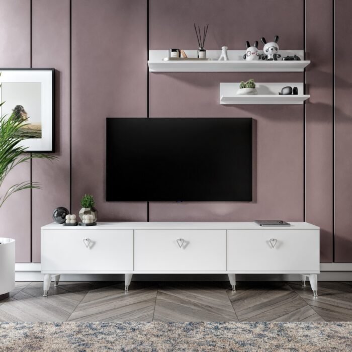Simple Modern 180 Cm SMP18033 Tv ünitesi 2 Raflı Beyaz Gümüş - Görsel 2