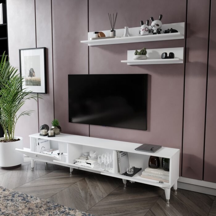Simple Modern 180 Cm SMP18033 Tv ünitesi 2 Raflı Beyaz Gümüş - Görsel 3